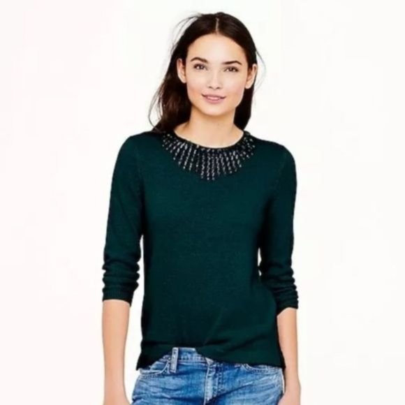 J.Crew Green Jewelled Crewneck Wool Sweater - Picture 1 of 6